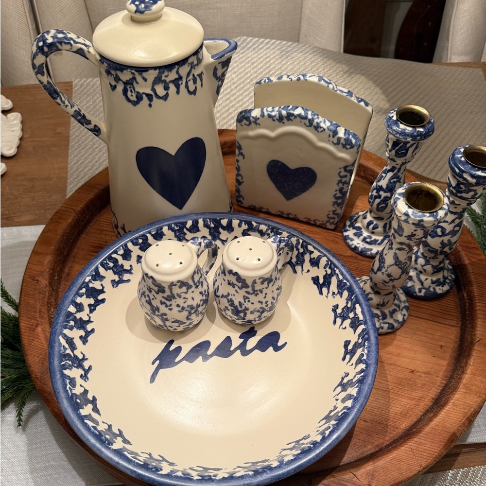 Jacqueline’s Handcrafted Earthenware Blue Spongeware LRG Set.perfect for cottage